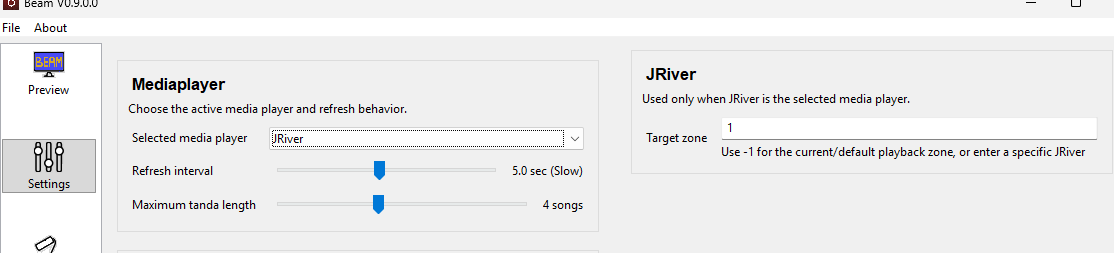 JRiver selected in Beam settings