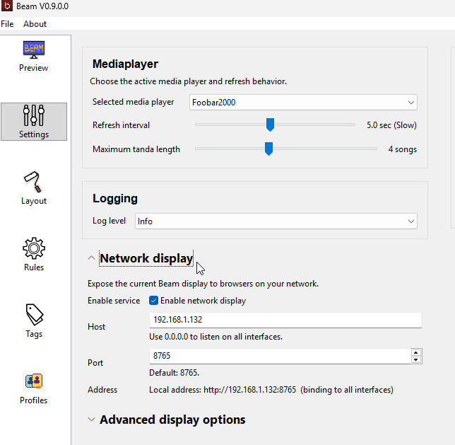 Network display settings with host, port, and the local URL